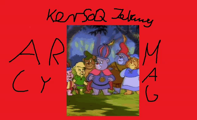 a red background with a picture of a group of cartoon bears and the words arm mag