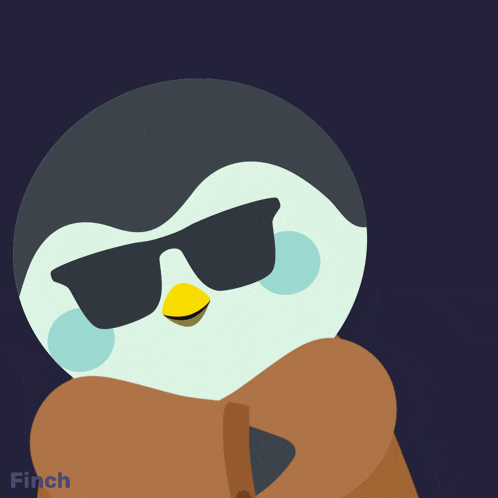 an illustration of a penguin wearing sunglasses and a scarf with finch written below it