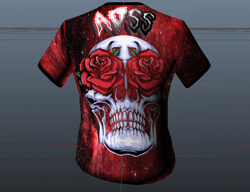 a red t-shirt with a skull and roses on it