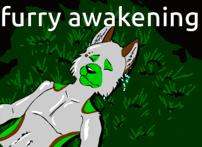 a cartoon of a furry animal laying in the grass with the words furry awakening below it