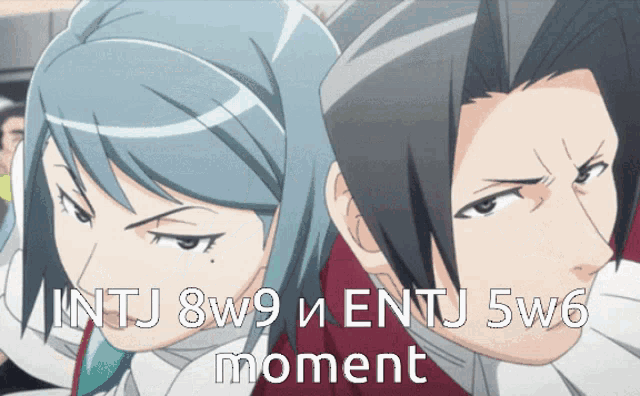 a couple of anime characters with the words " intj 8w9 entj 5w6 moment " above them