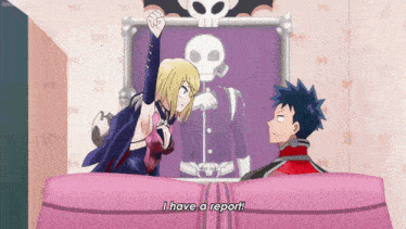 a man and a woman are looking at a picture of a skeleton and the woman says i have a report