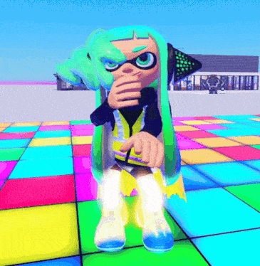 a cartoon character with green hair is standing on a colorful tile floor