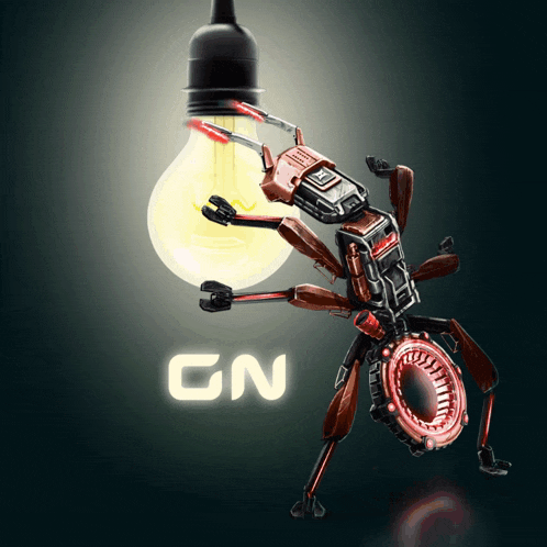a robotic ant is holding a light bulb and the word gno is on the bottom right