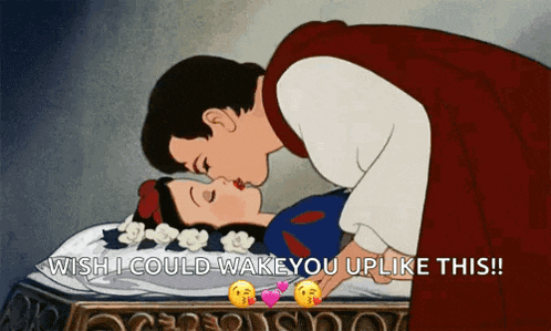 a cartoon of snow white and prince charming kissing