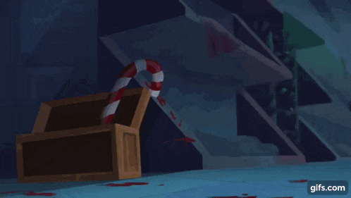 a cartoon elf with red hair is holding a candy cane in front of a box