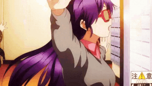 a girl with purple hair and sunglasses is standing in front of a door with her arms outstretched .
