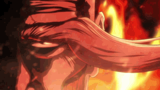 a close up of a man 's face with a fire behind him