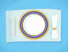 a cartoon illustration of a place setting with a plate fork and knife