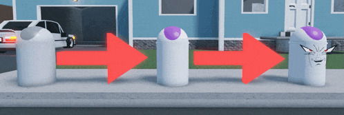 three trash cans are lined up on a sidewalk with red arrows pointing to them