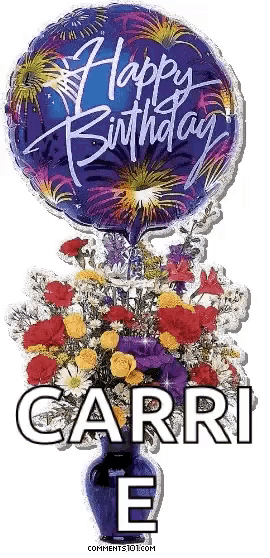 a happy birthday balloon with flowers in a vase