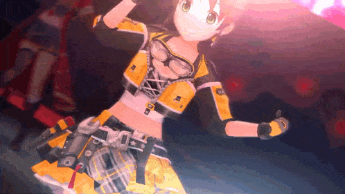 a girl in a yellow and black outfit with the letter o on her chest