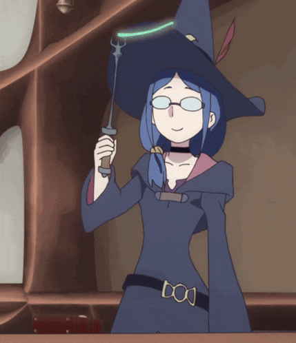 a witch with blue hair and glasses is holding a wand with the letter d on the belt