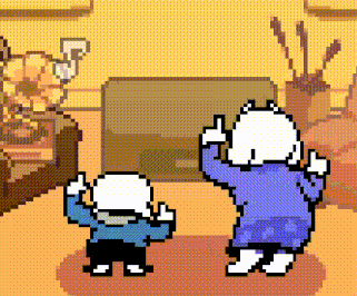 sans and papyrus are dancing in a living room in a pixel art style .