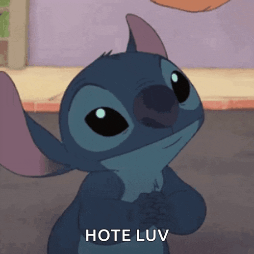 a close up of a stitch cartoon character with the words hote luv written on the bottom