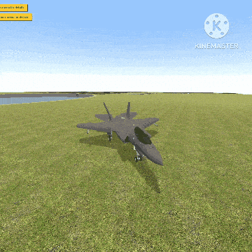 a computer screen shows a fighter jet in a grassy field and says kinemaster in the corner