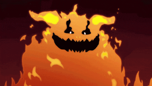 a cartoon drawing of a fire monster with a face on it