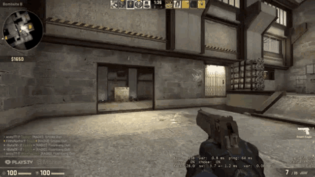 a screenshot of a video game shows a player holding a gun in a building