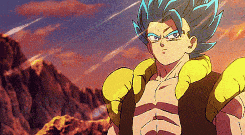 a cartoon character with blue hair and yellow gloves stands in front of a mountain .