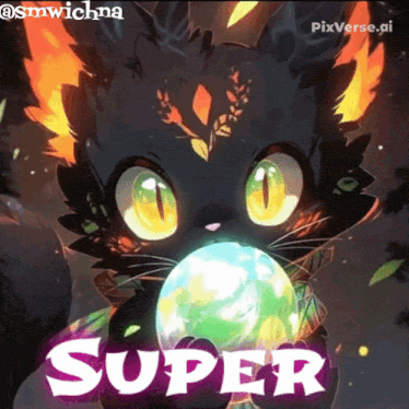 a picture of a cat holding a ball with the word super on the bottom