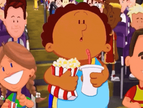 a cartoon boy is eating popcorn and drinking soda