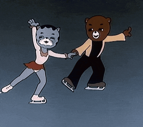 a cartoon of a cat and a bear holding hands