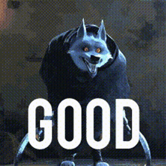 a werewolf is standing in front of a sign that says good