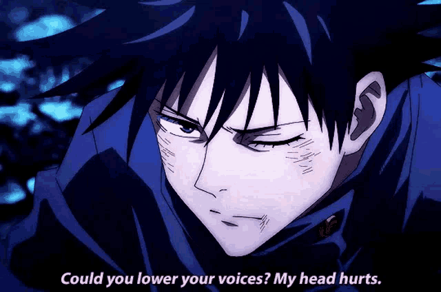 a close up of a person 's face with the words " could you lower your voices ? my head hurts "