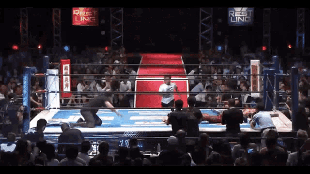 a wrestling ring with a sign that says rest ling above it