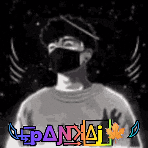 a man wearing a black mask and a white shirt with the word pandaj on it