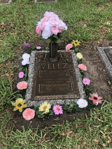 a grave of benicio velez is decorated with pink and yellow flowers
