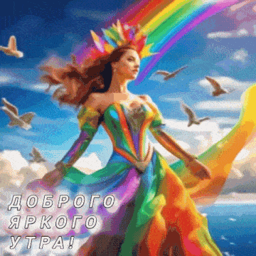a painting of a woman in a rainbow dress with birds flying in the background