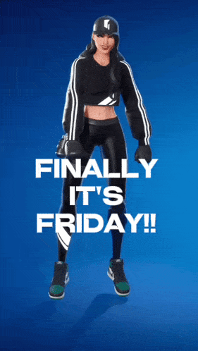 a video game character says finally it 's friday on a blue background