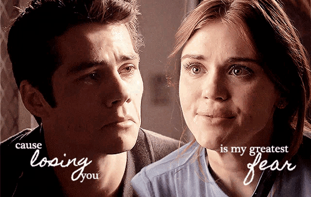 a man and a woman are looking at each other with the words " cause losing you is my greatest fear "