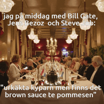 a group of people sitting at a long table with the words jag på middag med bill gate jens bezoz och steve job below them