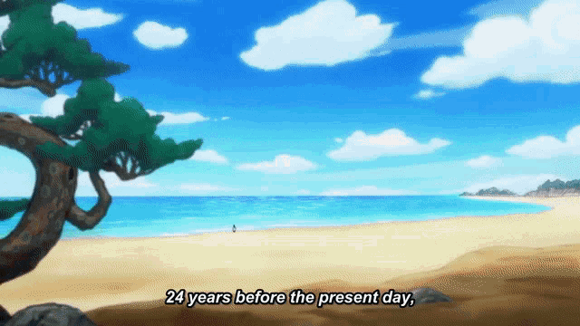 a cartoon scene of a beach with the words 24 years before the present day