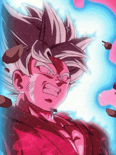a close up of a cartoon character with a red and blue background