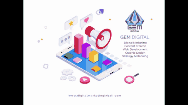 an advertisement for gem digital shows a cell phone with a megaphone and graphs on it