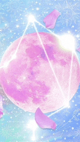 a pink moon is surrounded by pink petals on a blue sky