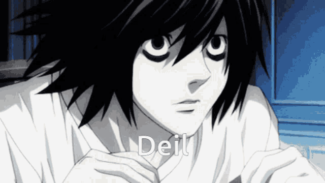 a close up of a person 's face with the word deil in the corner