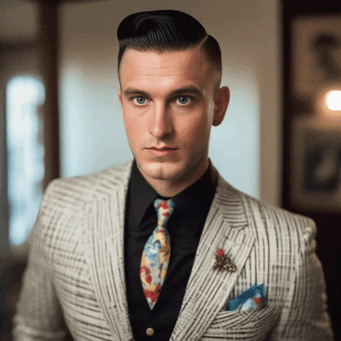 a man wearing a suit and tie with a brooch on his jacket