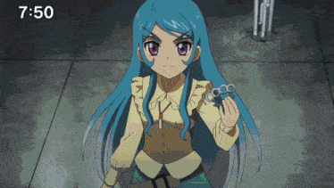 a girl with blue hair and pink eyes is holding a knuckle duster in front of the time of 7:50