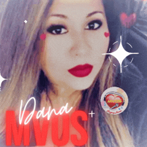 a woman with red lipstick and dana mvus written on the bottom