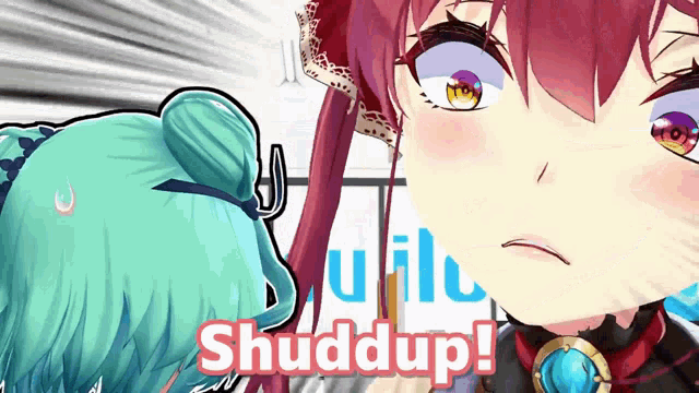 a cartoon of a girl with red hair and green hair says shuddup