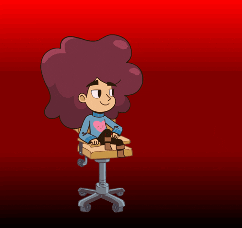 a cartoon character with purple hair is sitting in a chair with a red background