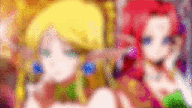 a blurry picture of two anime girls standing next to each other . one of the girls is blonde and the other is red .