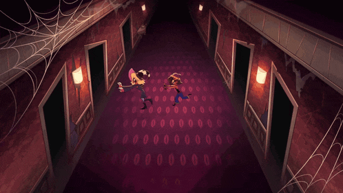 a cartoon of a woman holding a cane in a hallway with people running