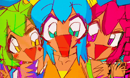 a colorful drawing of three cartoon characters including one with blue hair