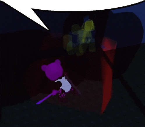 a purple teddy bear is holding a purple sword in a dark room