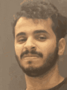 a man with a beard and mustache is looking at the camera .